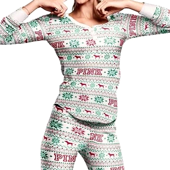 VS PINK Logo Fair Isle Thermal Henley in White - Picture 4 of 6